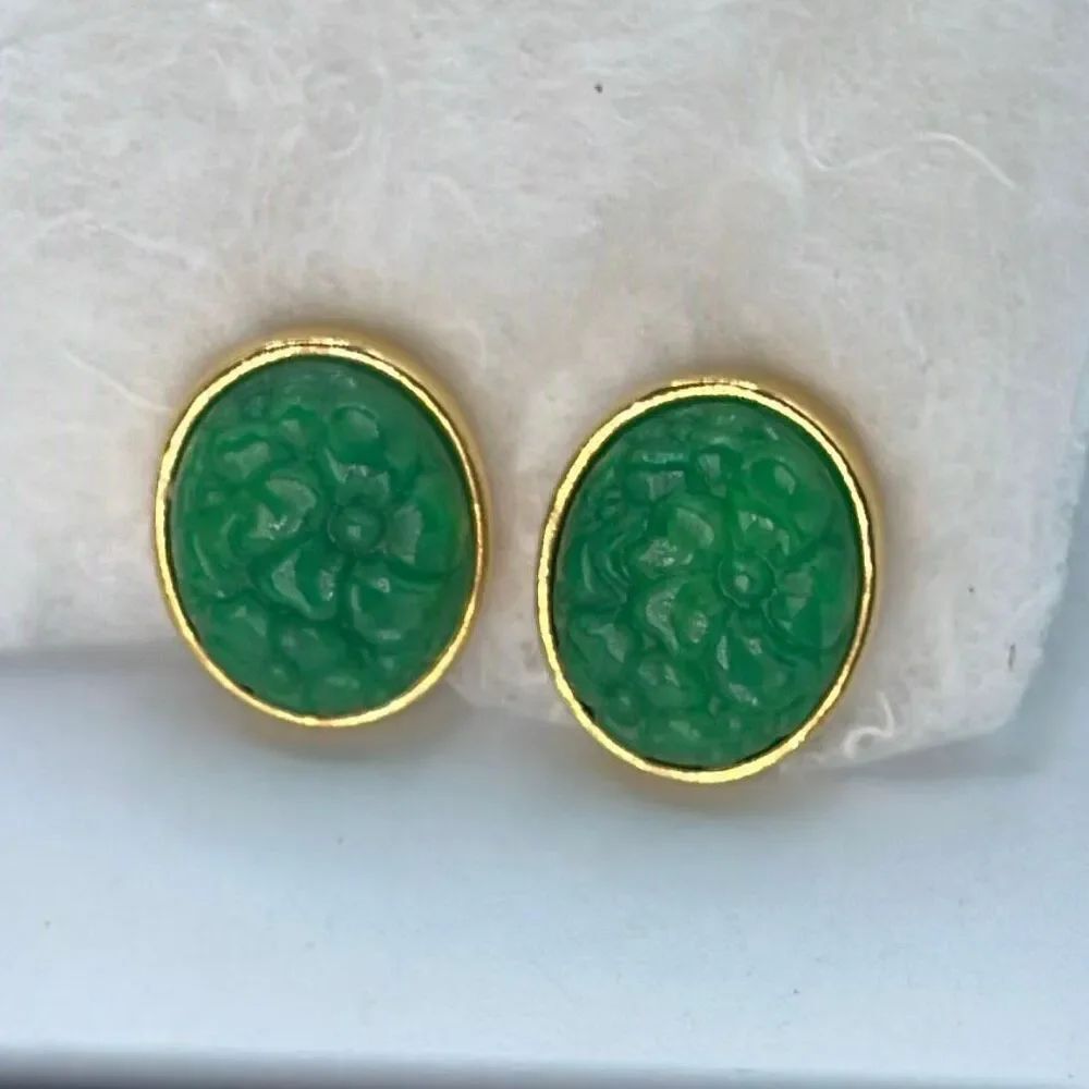 Vintage Avon clip earrings molded faux jade cabochons.